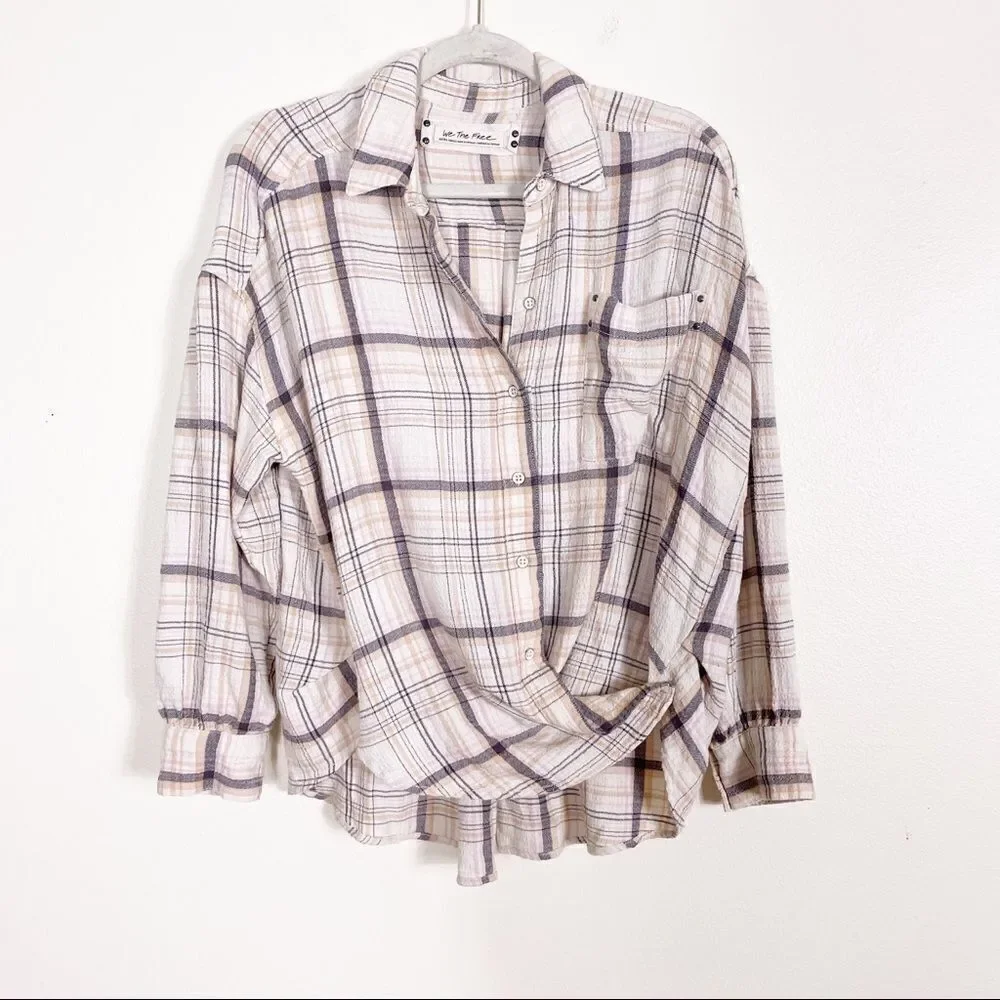 We The Free Free People White w/‎ Tan, Grey, & Pink Plaid Oversized Long Sleeve